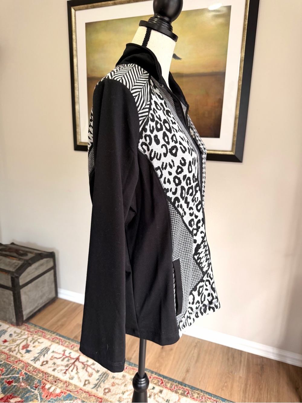 ONQUE Casuals Mixed Print Zip Jacket Leopard Houndstooth Black White - Picture 3 of 7
